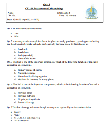 Exams | Exam Environmental Microbiology Number 10 | موقع حلولي