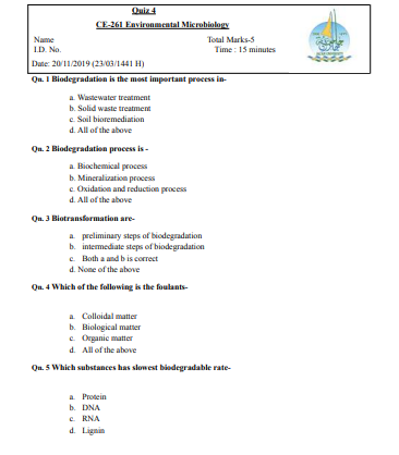 Exams | Exam Environmental Microbiology Number 11 | موقع حلولي