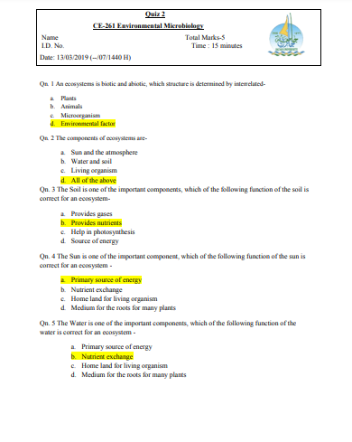 Exams | Exam Environmental Microbiology Number 7 | موقع حلولي