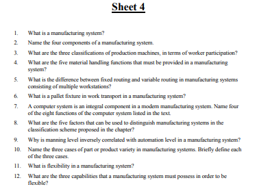 Exams | Exam Manufacturing Systems Number 4 | موقع حلولي