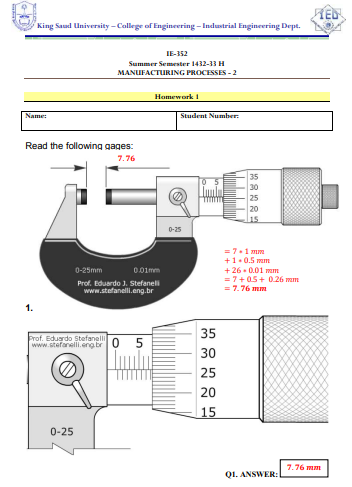 HomeWork | Homework Manufacturing Processes 2 Number 1 | موقع حلولي