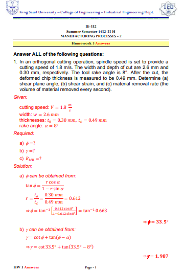 HomeWork | Homework Manufacturing Processes 2 Number 3 | موقع حلولي