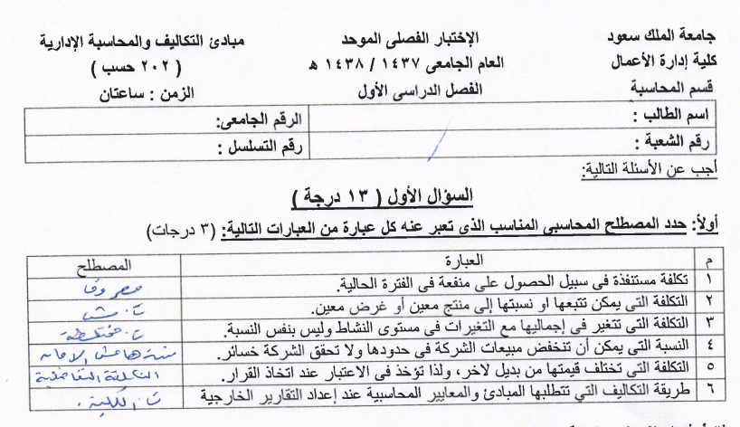 Exams | مبادئ التكاليف و المحاسبة الإدارية الفصل الأول 2015 | موقع حلولي
